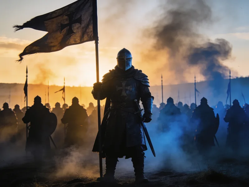 Guest transformed into a figure in armour on a battlefield at dusk