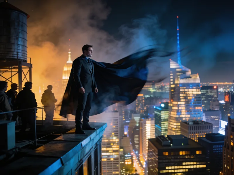 Guest transformed into a superhero above a skyline