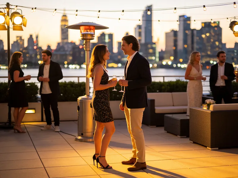 Guest transformed for a rooftop party at dusk