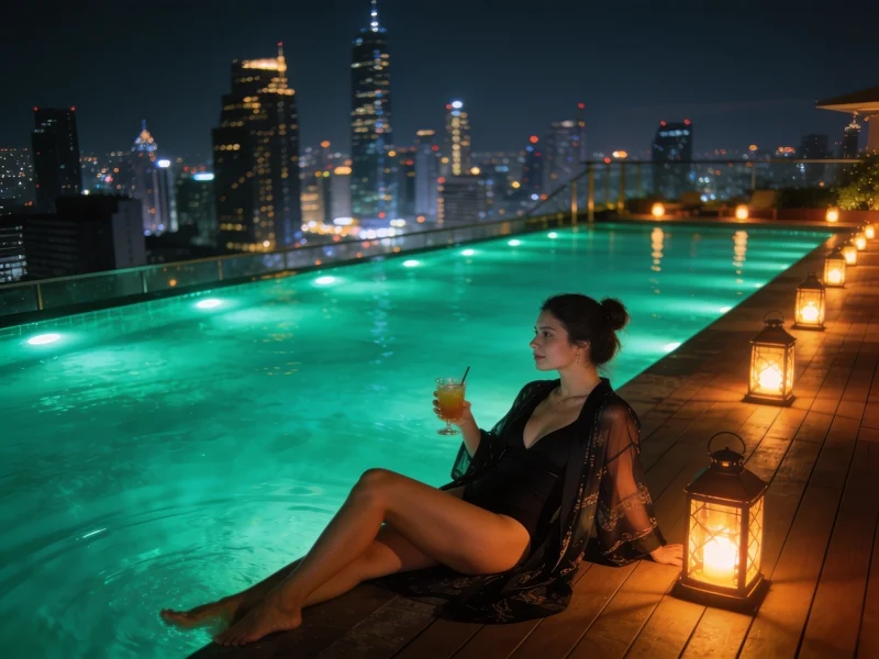 Guest transformed into a traveller at a rooftop pool