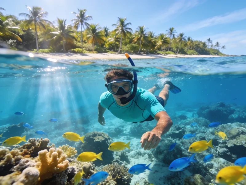 Guest transformed into a snorkeller above a coral reef